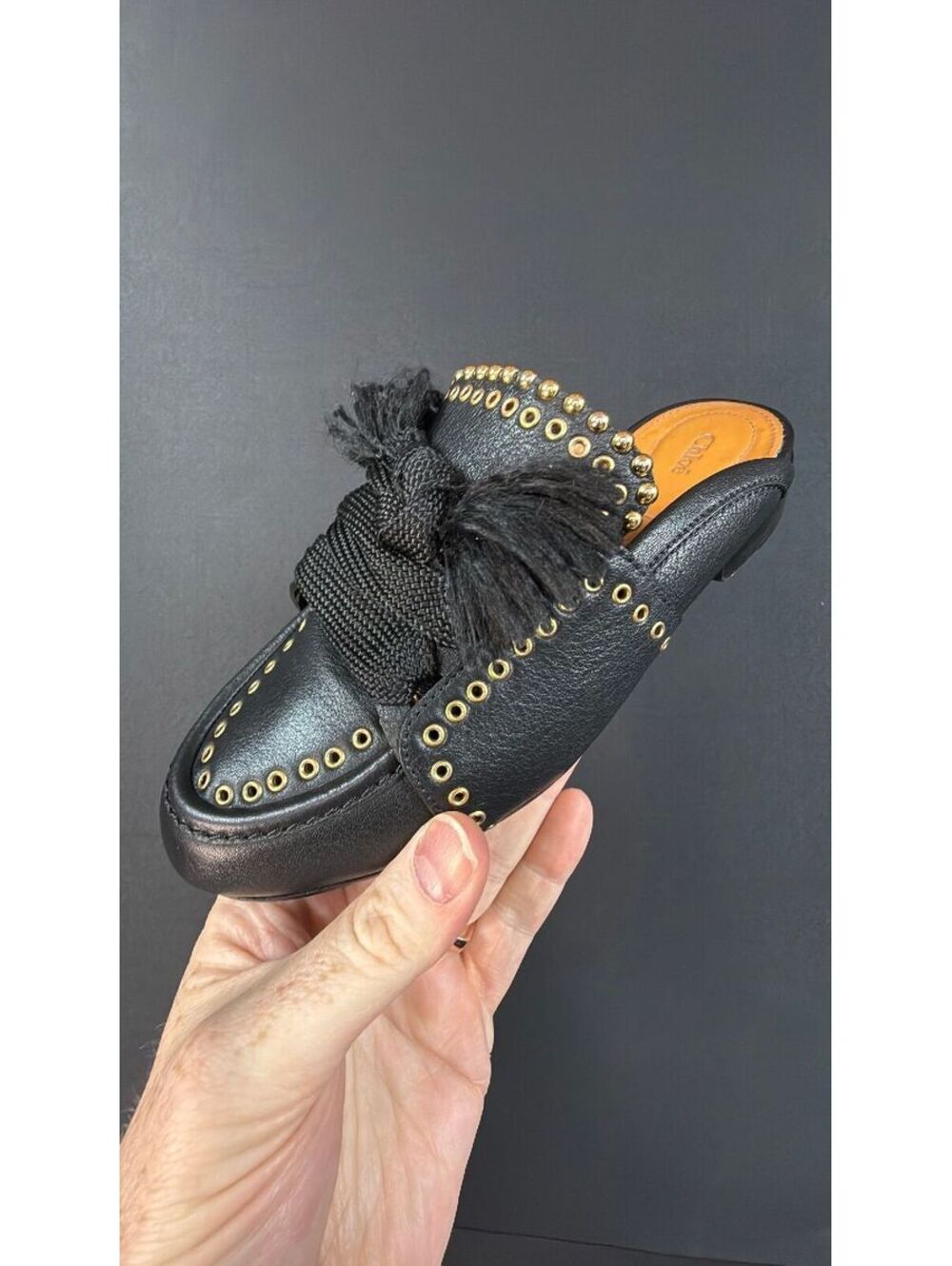 Chloe Black and Gold Mule Size 35.5